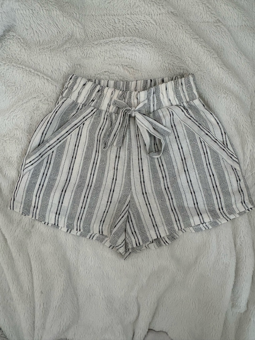 Sienna Sky White and Black Striped High-Waist Tie Shorts